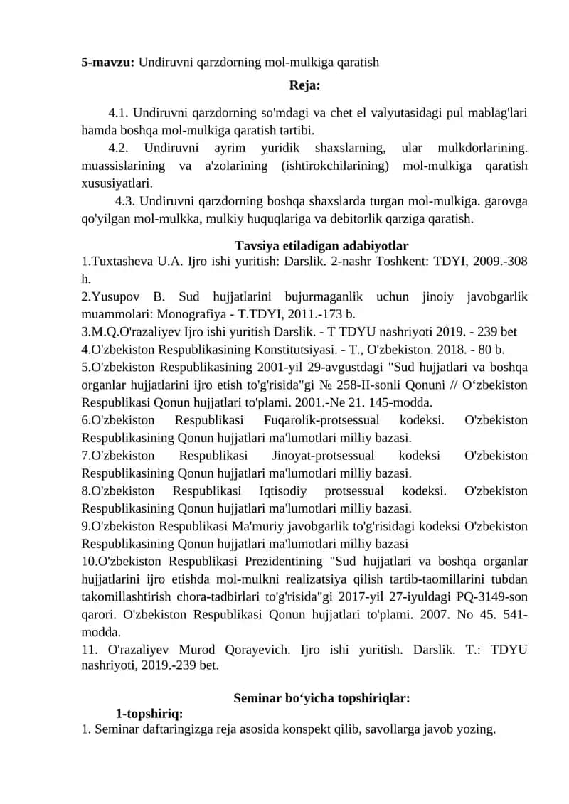 Undiruvni qarzdorning mol-mulkiga qaratish 1