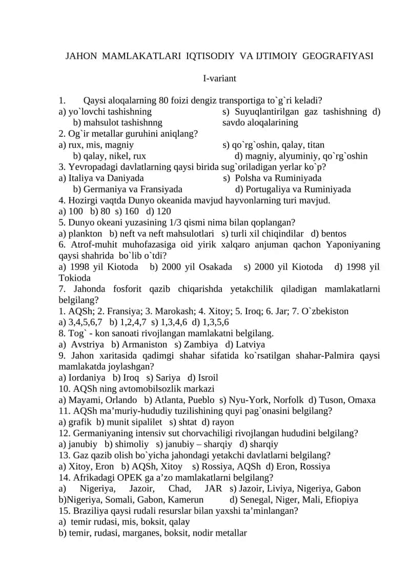 JAHON MAMLAKATLARI IQTISODIY VA IJTIMOIY GEOGRAFIYASI 3-variant da 1