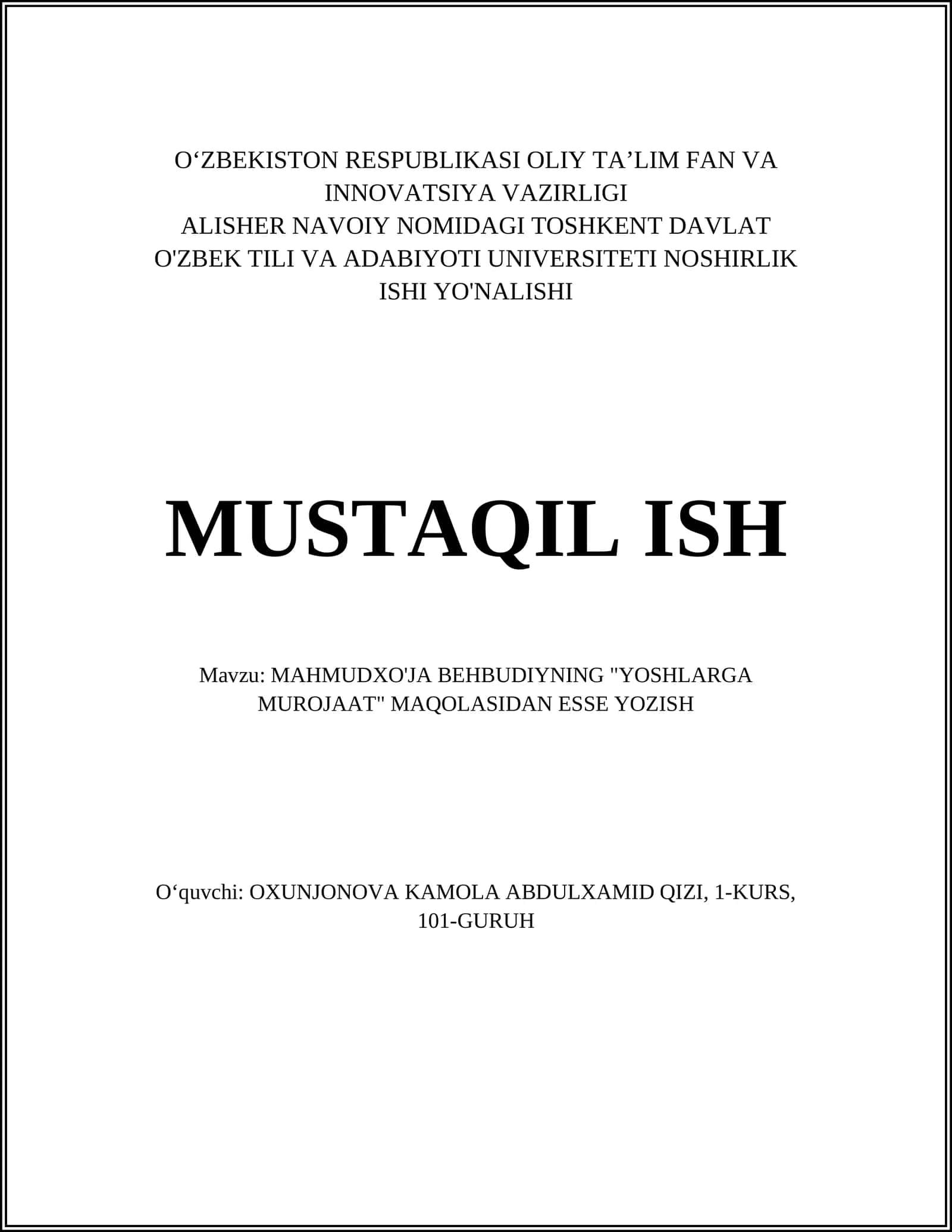 MAHMUDXO'JA BEHBUDIYNING "YOSHLARGA MUROJAAT" MAQOLASIDAN ESSE YOZISH 1