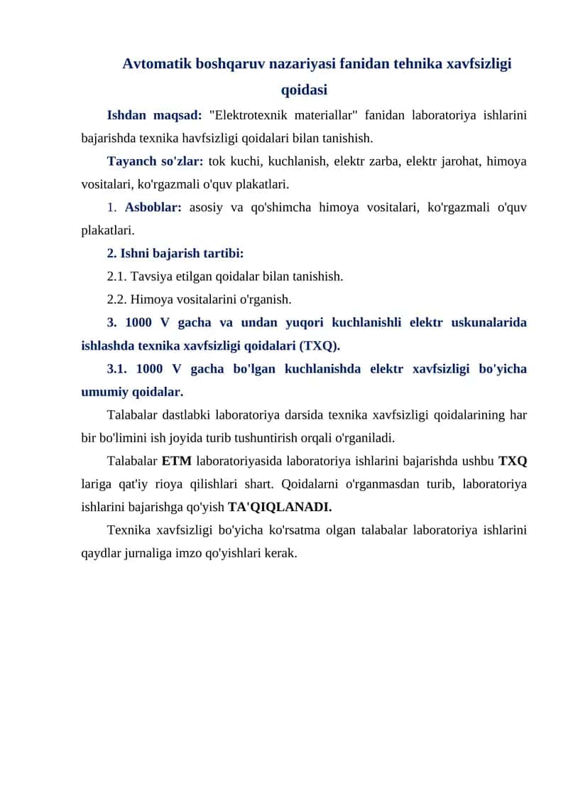 Avtomatik boshqaruv nazariyasi fanidan tehnika xavfsizligi qoidasi 1
