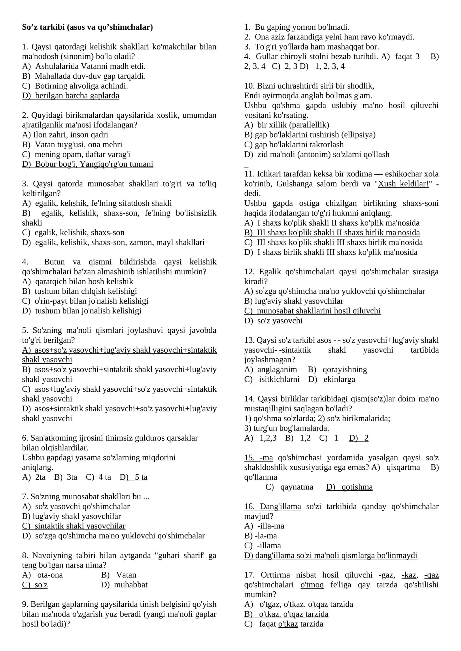 So’z tarkibi (asos va qo’shimchalar) testlar 1