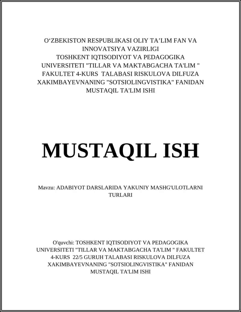 ADABIYOT DARSLARIDA YAKUNIY MASHG'ULOTLARNI TURLARI 1