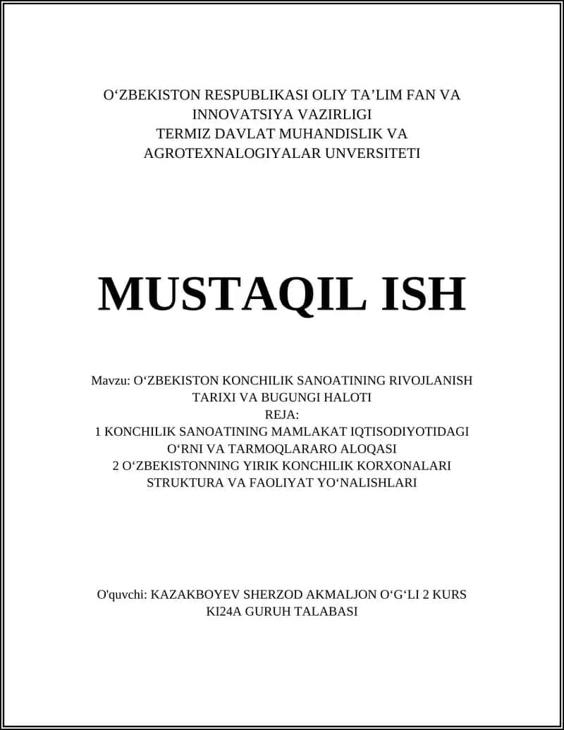 OʻZBEKISTON KONCHILIK SANOATINING RIVOJLANISH TARIXI VA BUGUNGI HALOTI 1