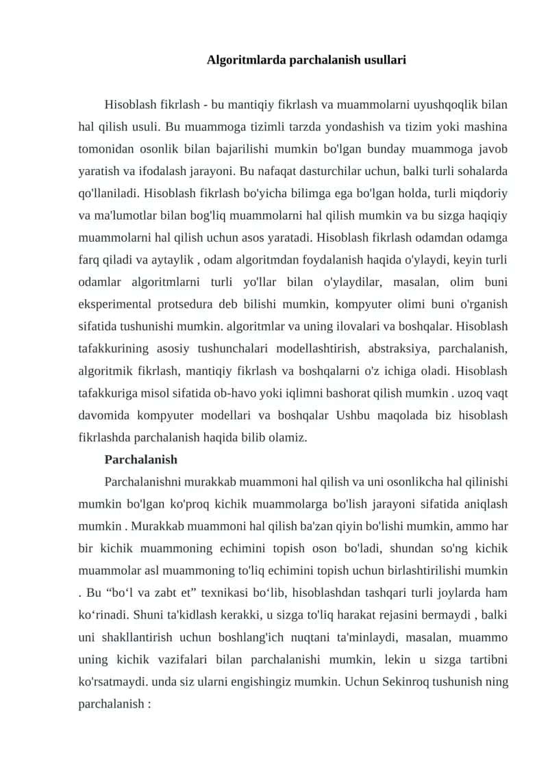 Algoritmlarda parchalanish usullari 1
