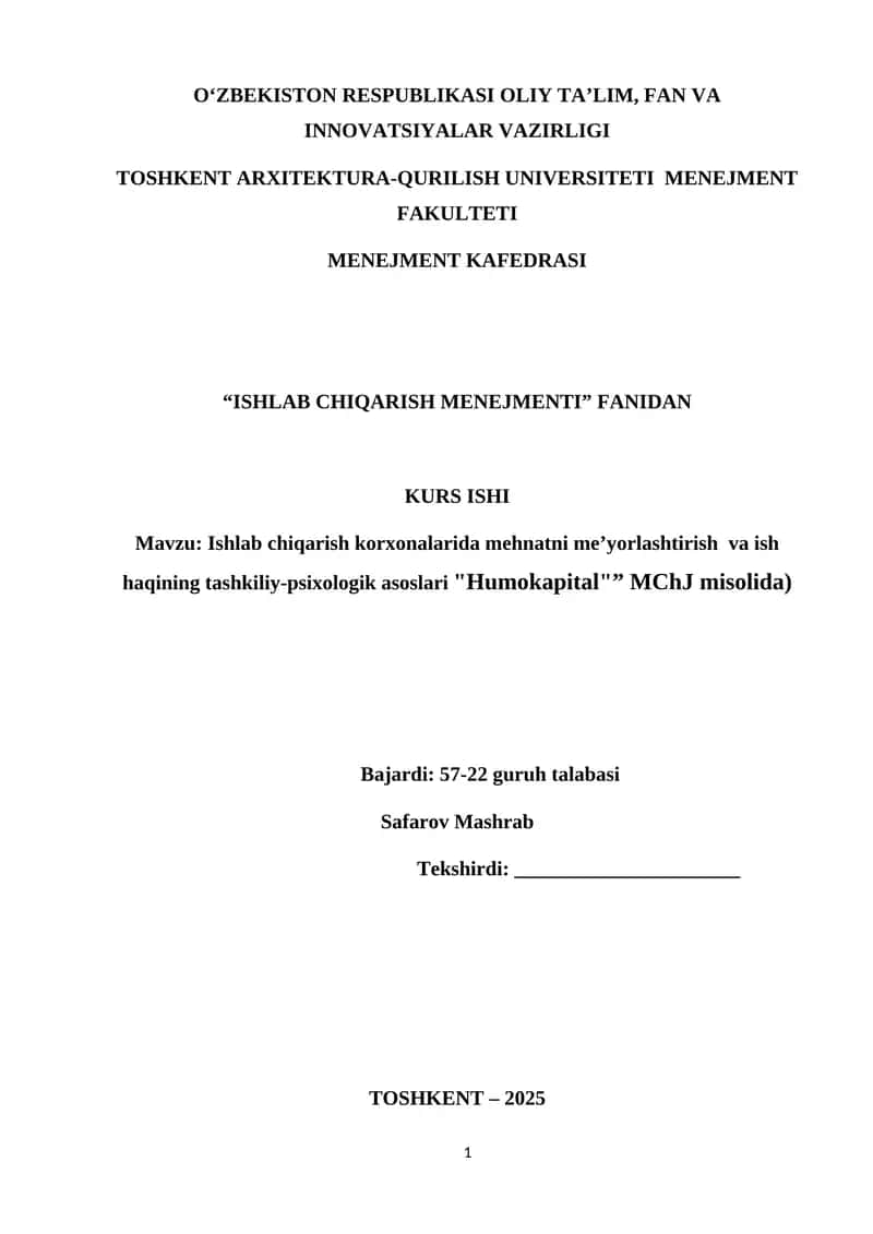 Ishlab chiqarish menejmenti kurs ishi