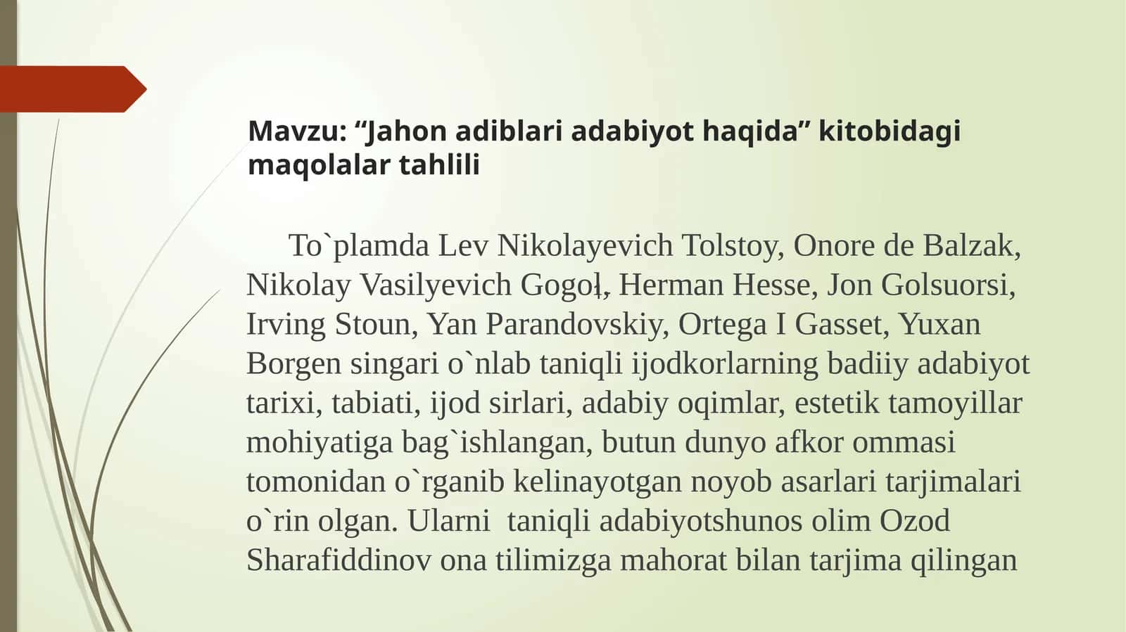 “Jahon adiblari adabiyoti” kitobidagi maqolalar tahlili 1
