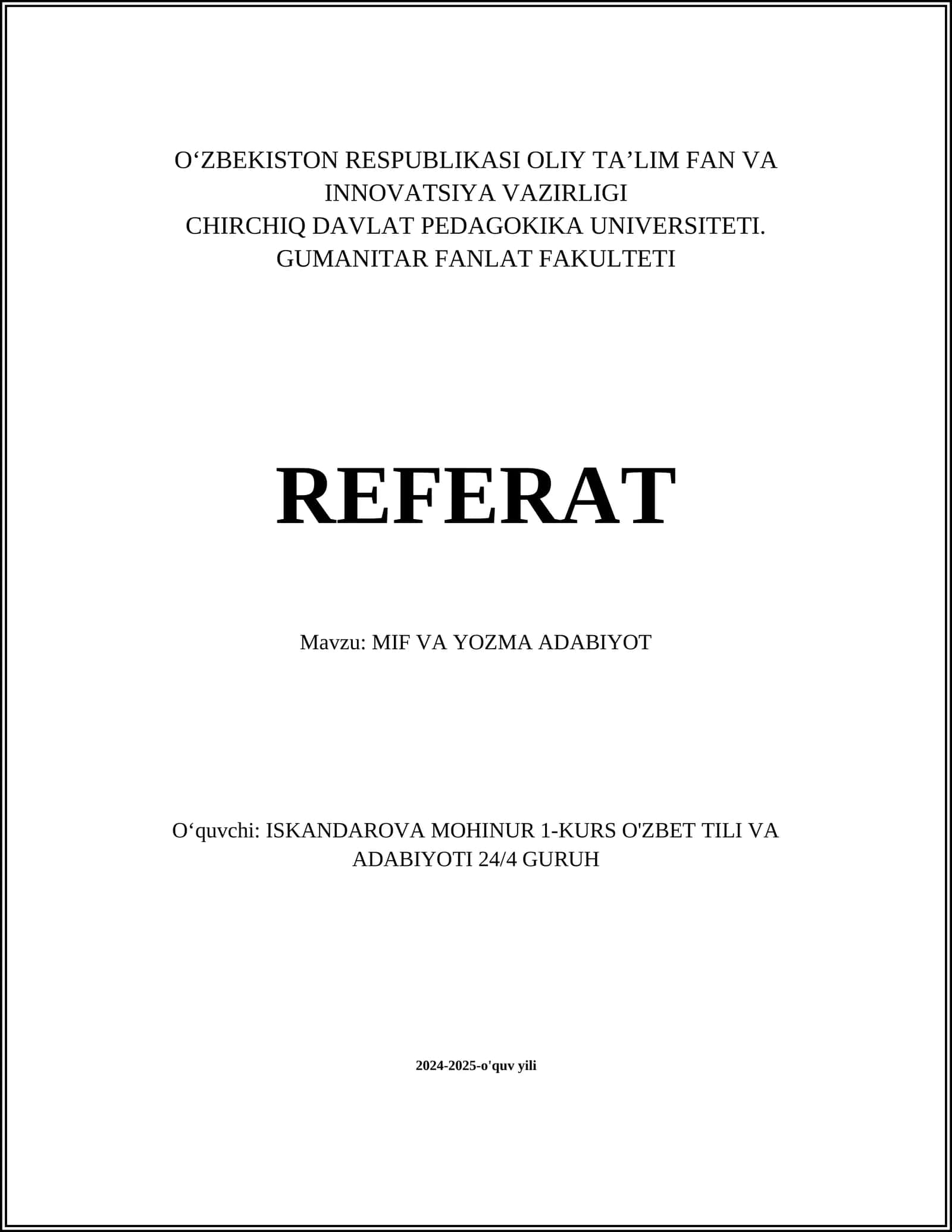 MIF VA YOZMA ADABIYOT 1