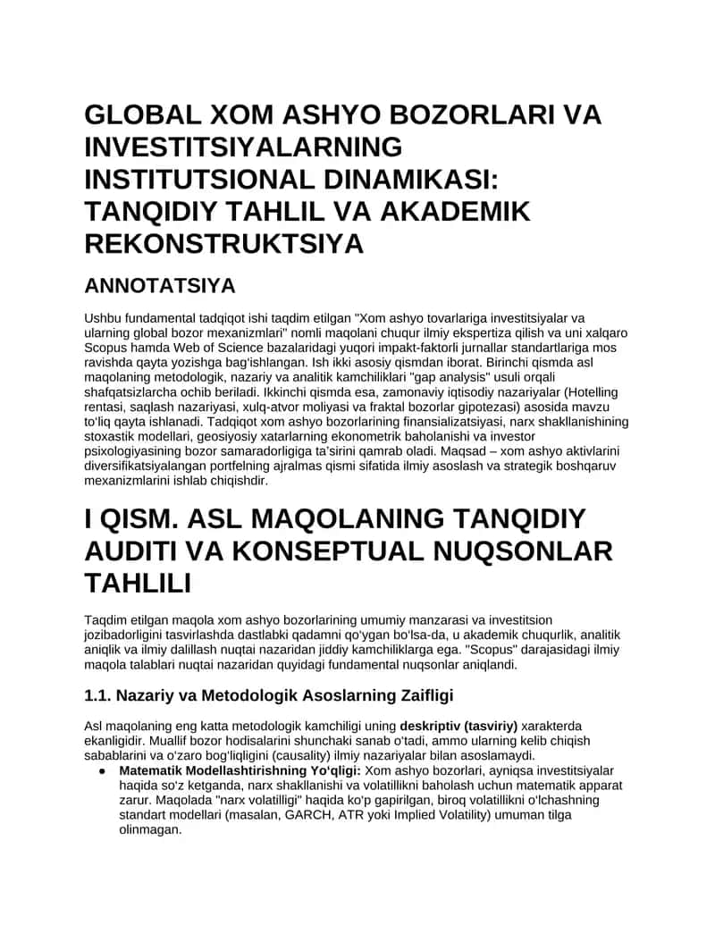 GLOBAL XOM ASHYO BOZORLARI VA INVESTITSIYALARNING INSTITUTSIONAL DINAMIKASI: TANQIDIY TAHLIL VA AKADEMIK REKONSTRUKTSIYA 1