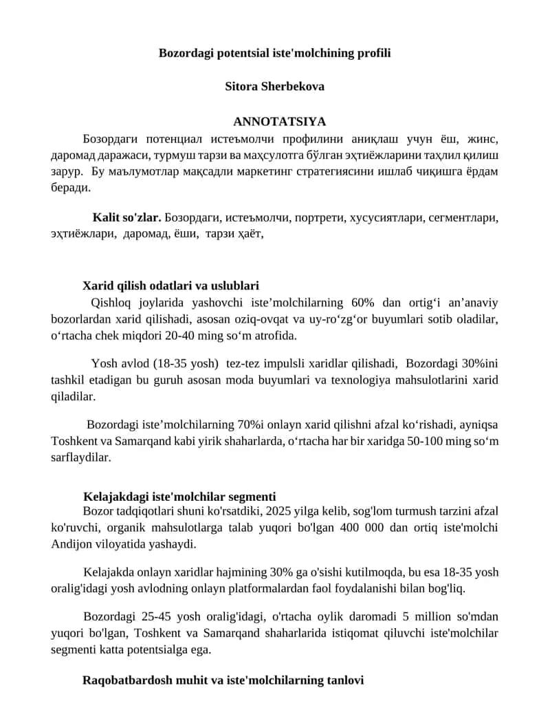 Bozordagi potentsial iste'molchining profili 1