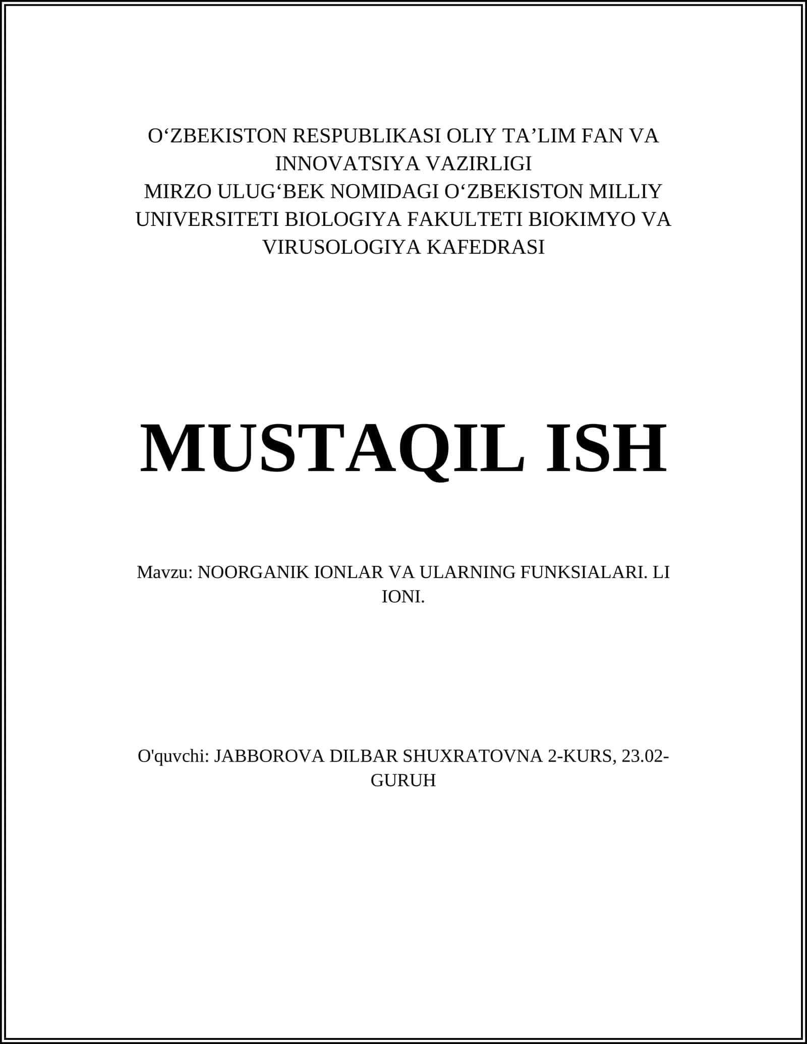 ANORGANIK IONLAR VA ULARNING FUNKSIALARI. LI IONI 1