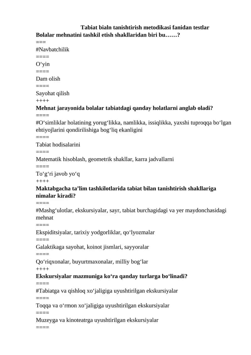 Tabiat bialn tanishtirish metodikasi fanidan testlar 1