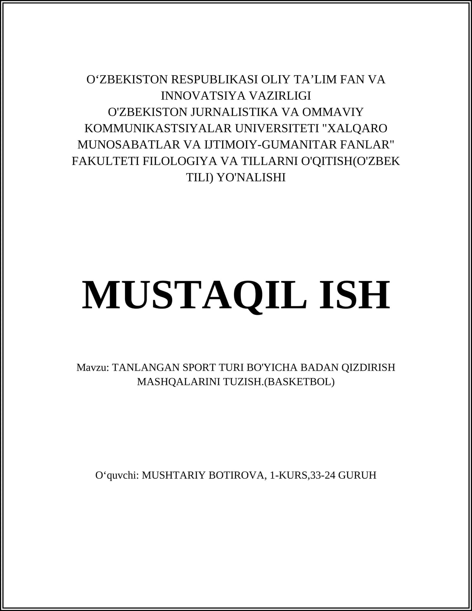 TANLANGAN SPORT TURI BO'YICHA BADAN QIZDIRISH MASHQALARINI TUZISH.(BASKETBOL) 1