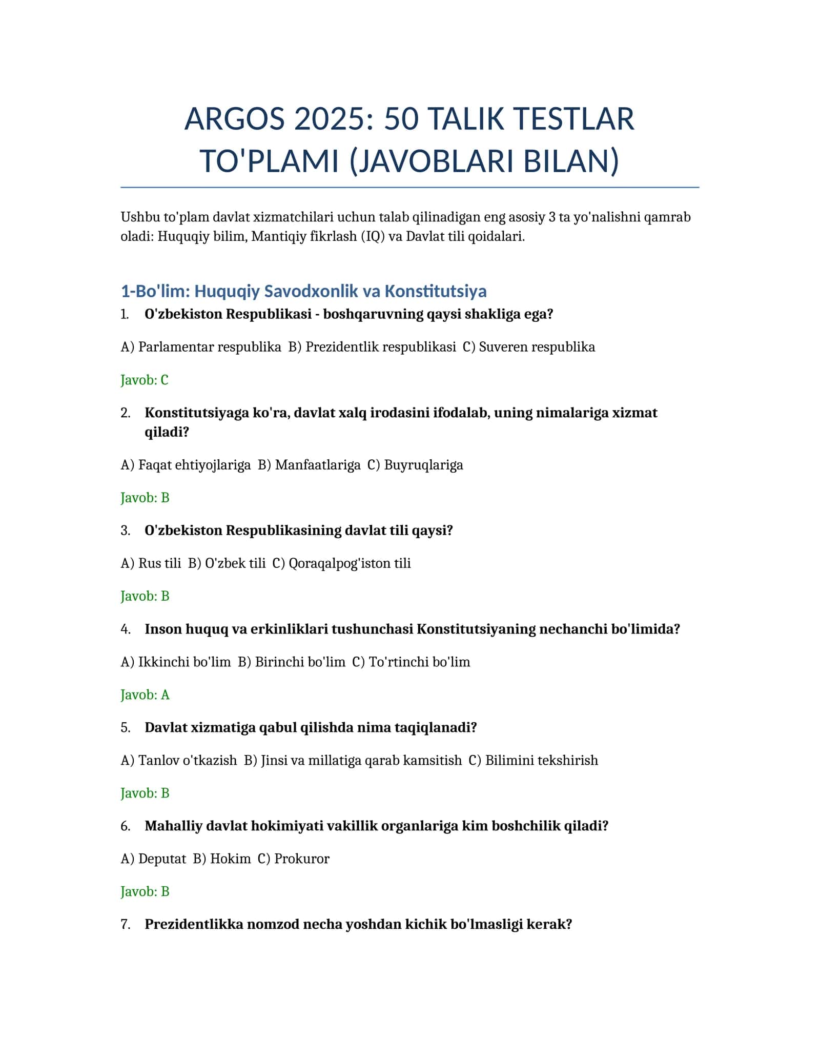 ARGOS 2026: 50 TALIK TESTLAR TO'PLAMI (JAVOBLARI BILAN) 1