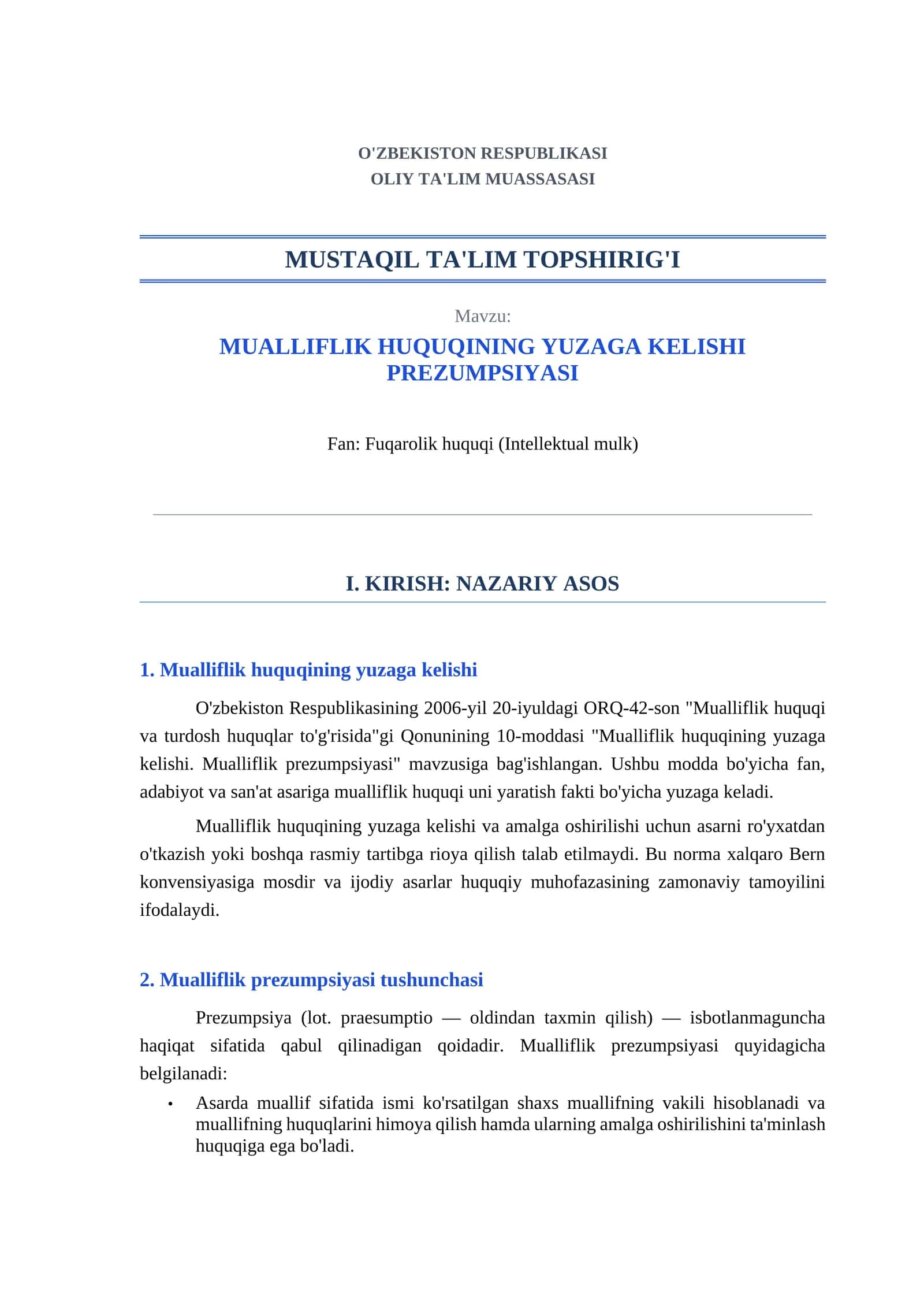 MUALLIFLIK HUQUQINING YUZAGA KELISHI PREZUMPSIYASI 1
