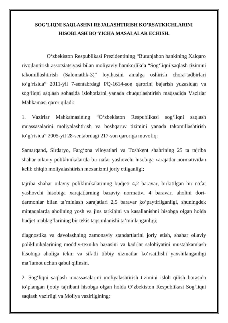 "SOG’LIQNI SAQLASHNI REJALASHTIRISH KO’RSATKICHLARINI HISOBLASH BO’YICHA MASALALAR ECHISH" 1