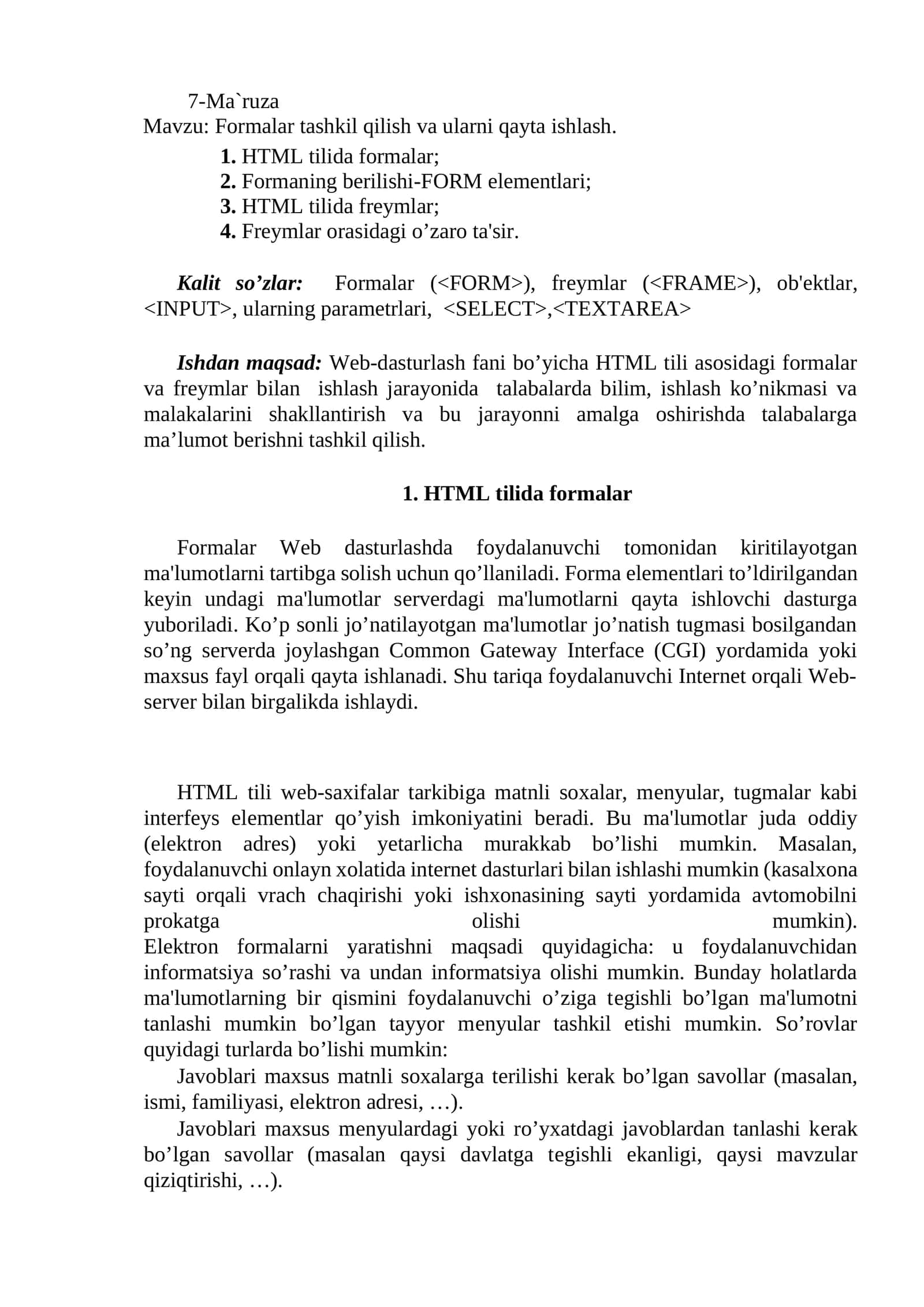 Formalar tashkil qilish va ularni qayta ishlash 1