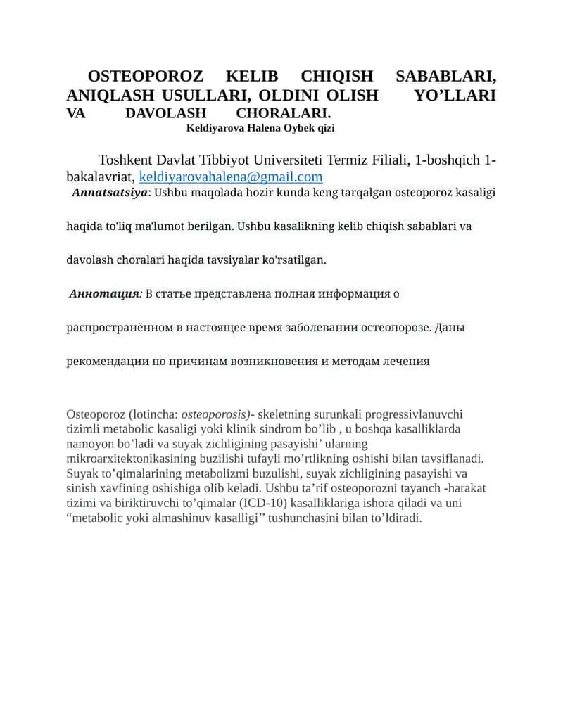 OSTEOPOROZ KELIB CHIQISH SABABLARI, ANIQLASH USULLARI, OLDINI OLISH YO’LLARI VA DAVOLASH CHORALARI 1