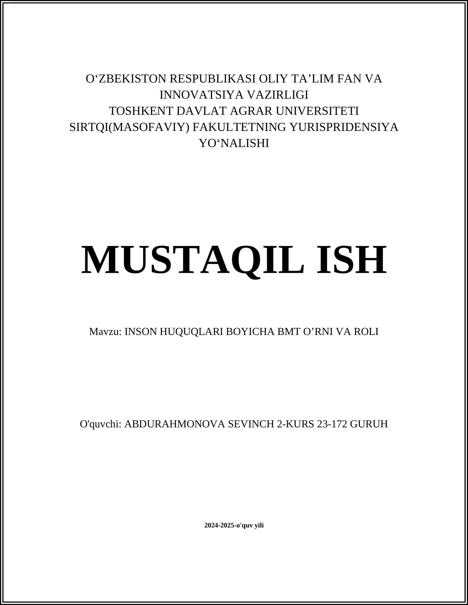 INSON HUQUQLARI BOYICHA BMT OʼRNI VA ROLI 1