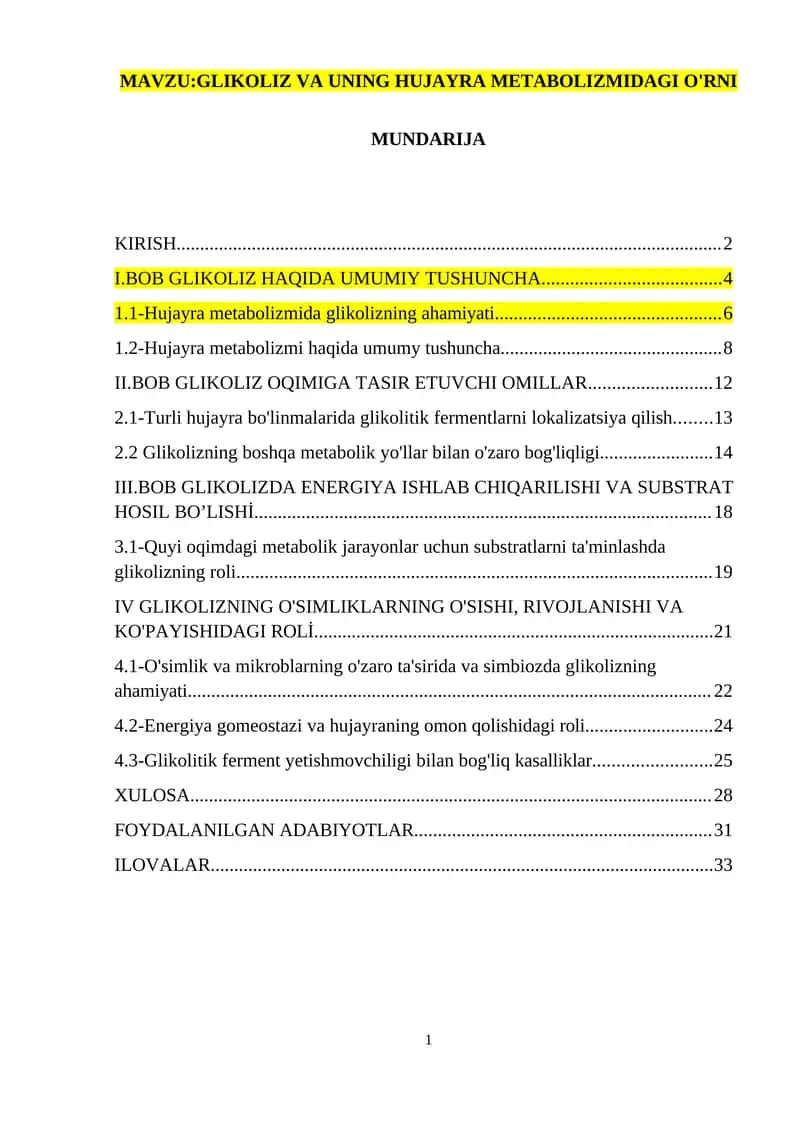 GLIKOLIZ VA UNING HUJAYRA METABOLIZMIDAGI O'RNI 1