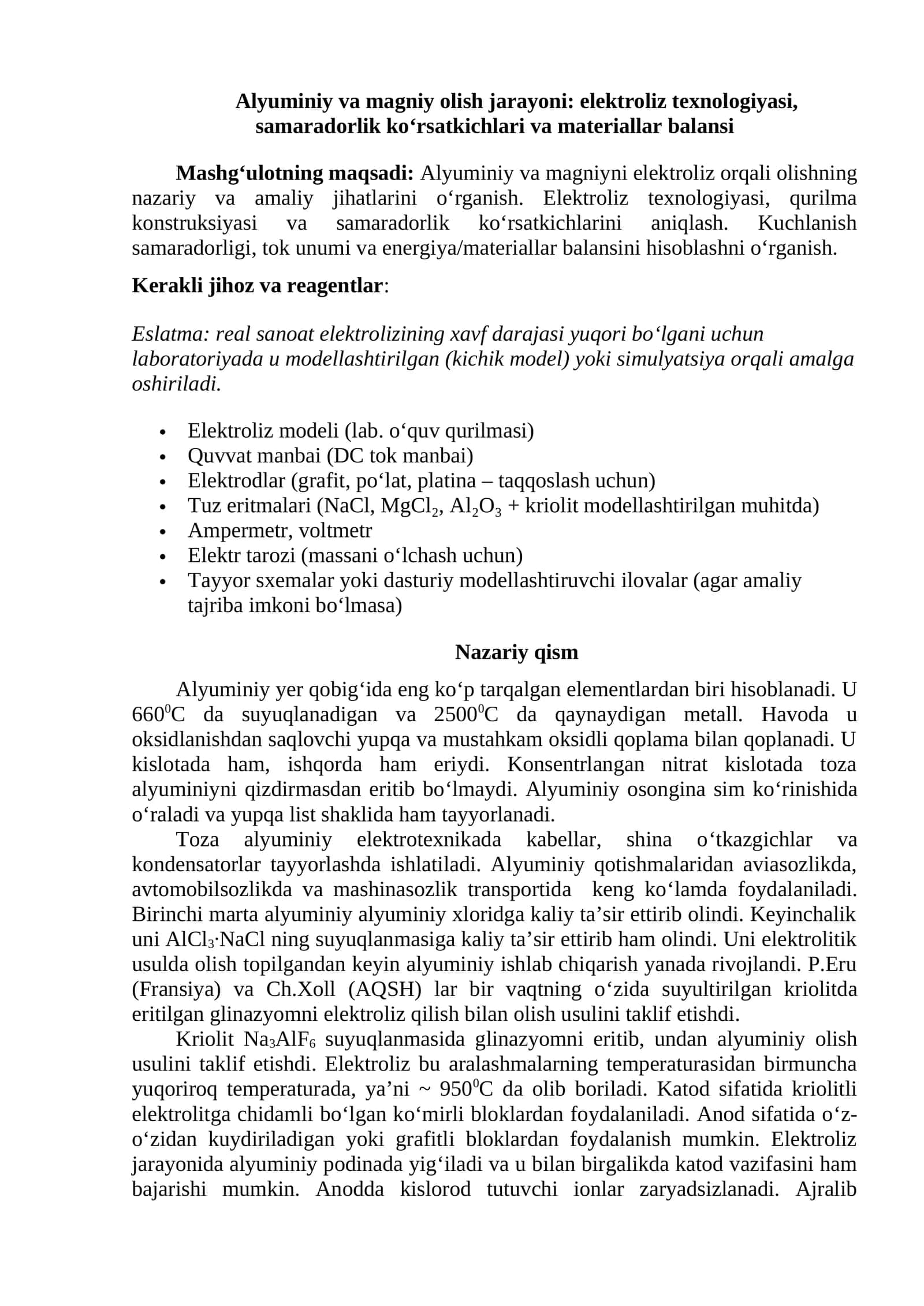 Alyuminiy va magniy olish jarayoni: elektroliz texnologiyasi, samaradorlik ko‘rsatkichlari va materiallar balansi 1