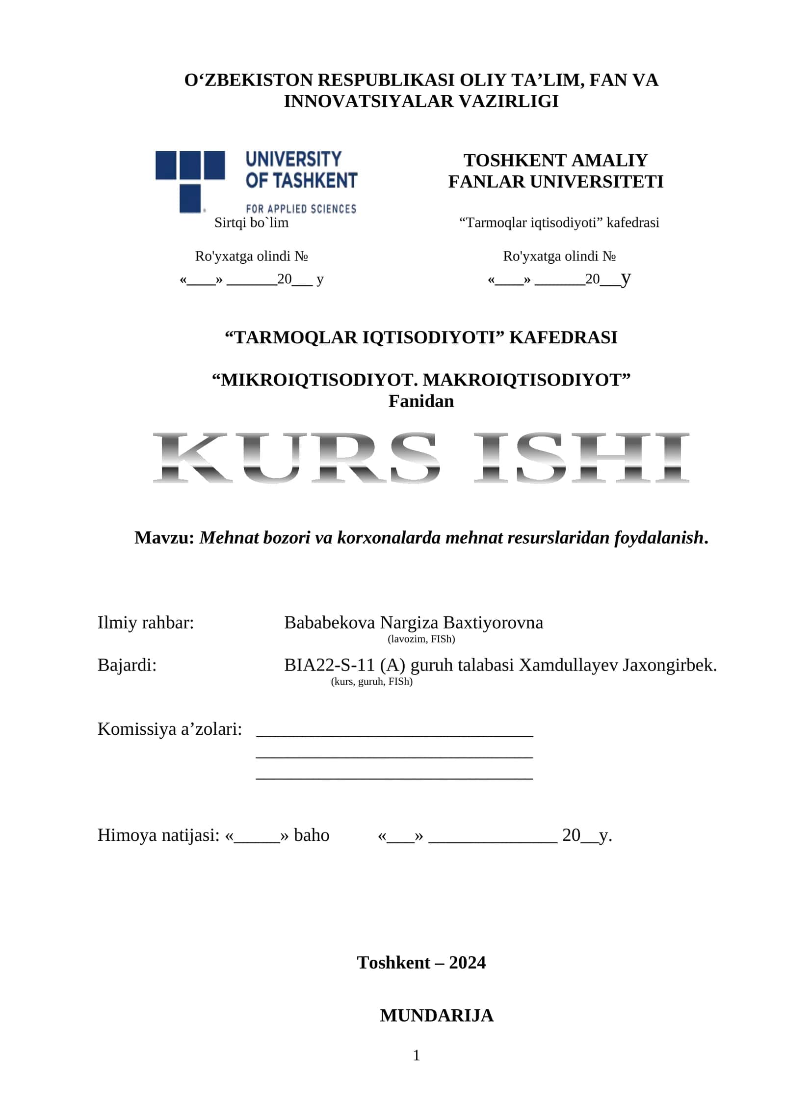 Mehnat bozori va korxonalarda mehnat resurslaridan foydalanish 1