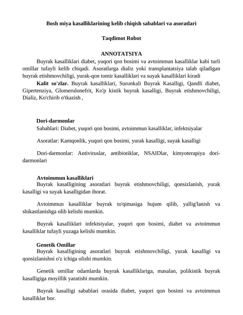 Buyrak kasalliklarining kelib chiqish sabablari va asoratlari 1