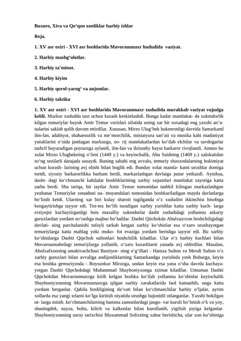 Buxoro, Xiva va Qo‘qon xonliklar harbiy ishlar 1