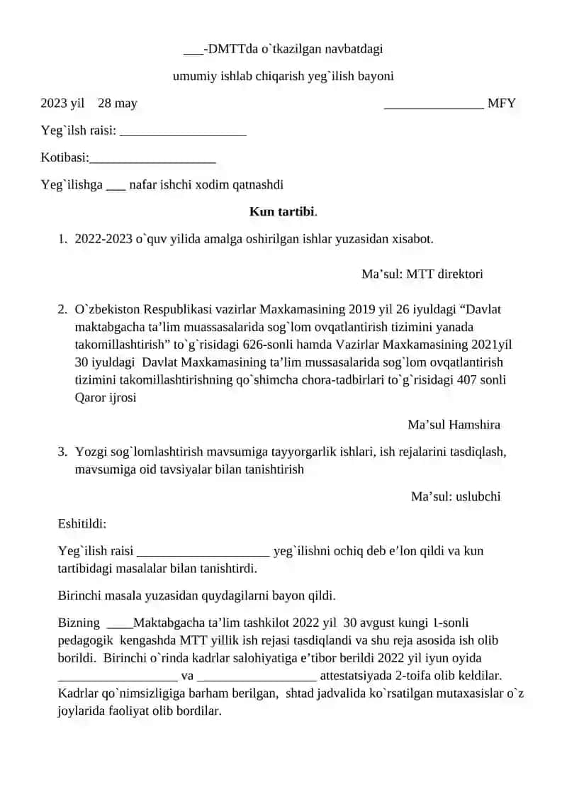 Davlat maktabgacha ta’lim muassasalarida sog`lom ovqatlantirish tizimini yanada takomillashtirish