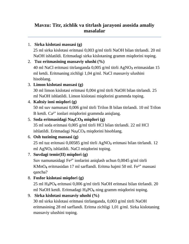 Titr, zichlik va titrlash jarayoni asosida amaliy masalalar 1
