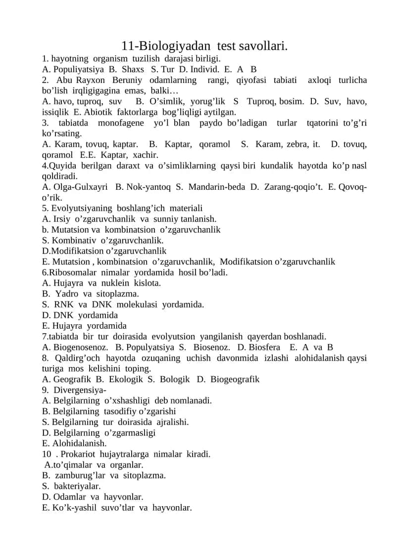 11-Biologiyadan test savollari 1