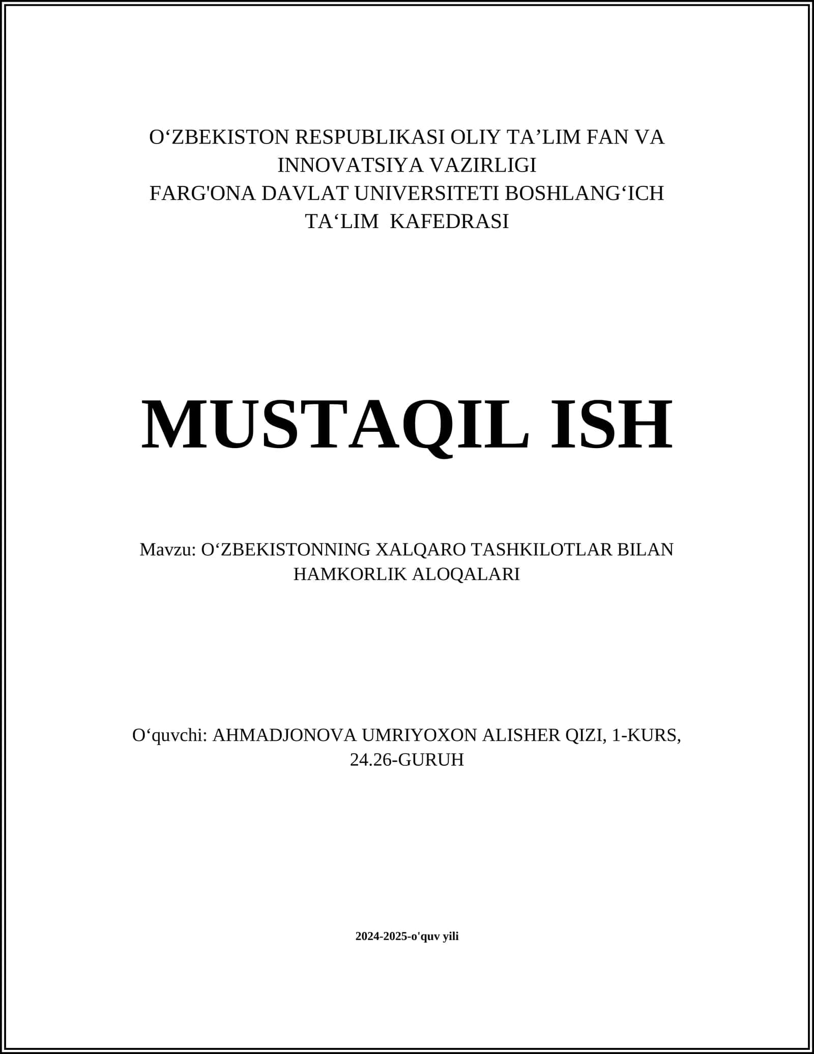O‘ZBEKISTONNING XALQARO TASHKILOTLAR BILAN HAMKORLIK ALOQALARI 1