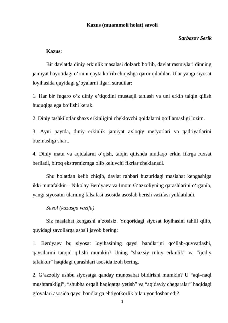 Kazus (muammoli holat) savoli 1