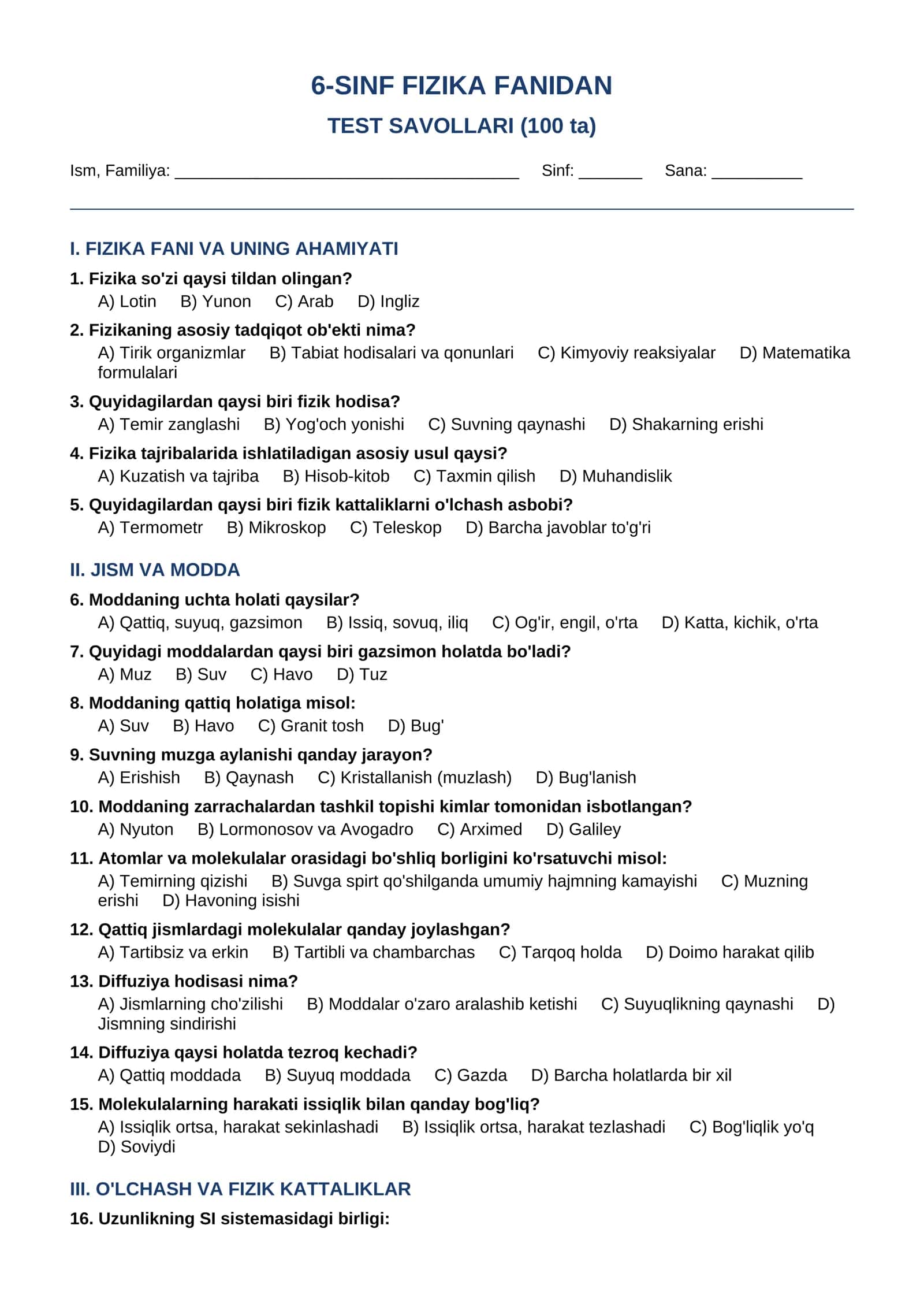 6-SINF FIZIKA FANIDAN TEST SAVOLLARI (100 ta) 1