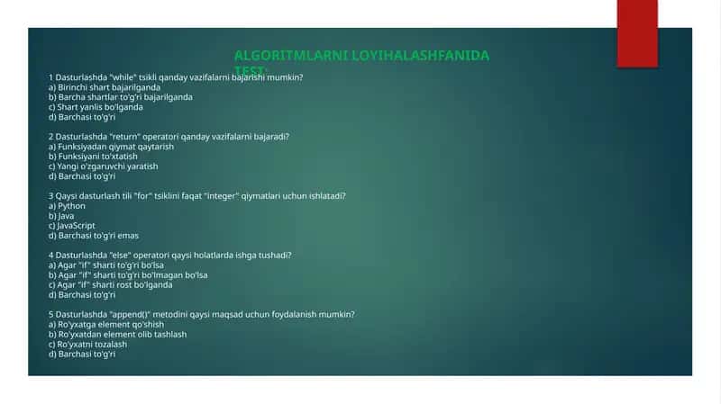 Algoritmlarni loyihalash fanidan test 1