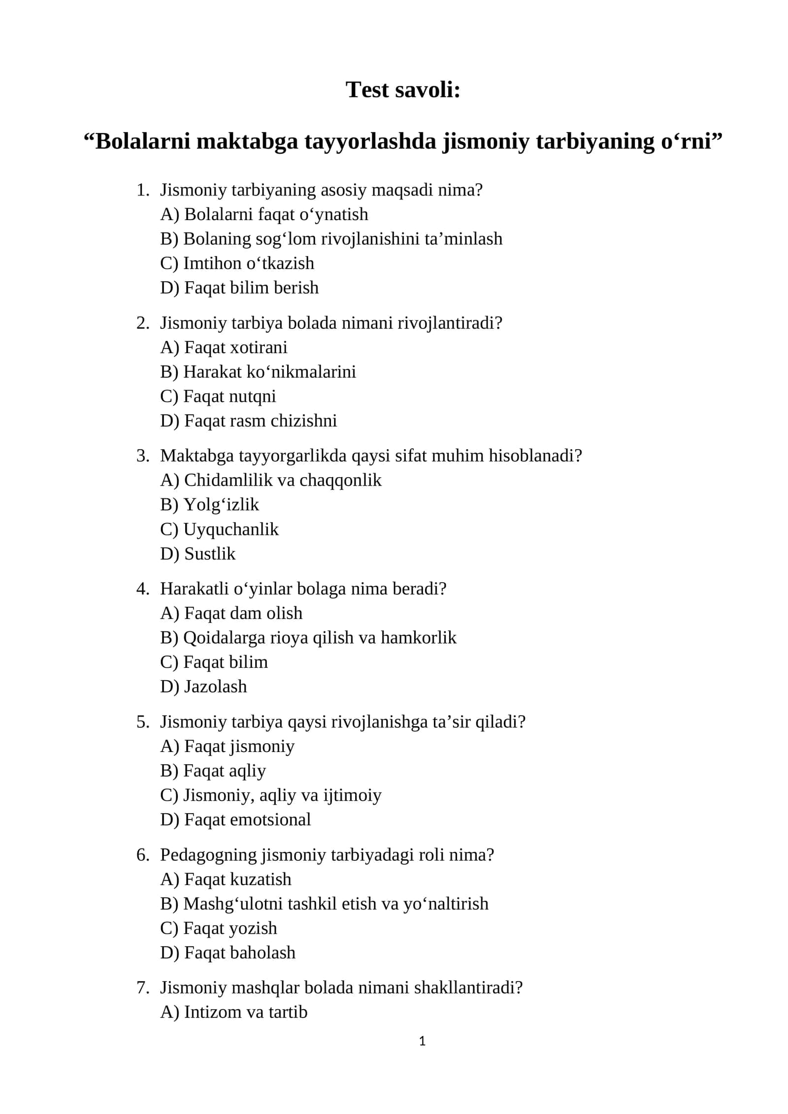 Jismoniy Tarbiya Test Savoli 1