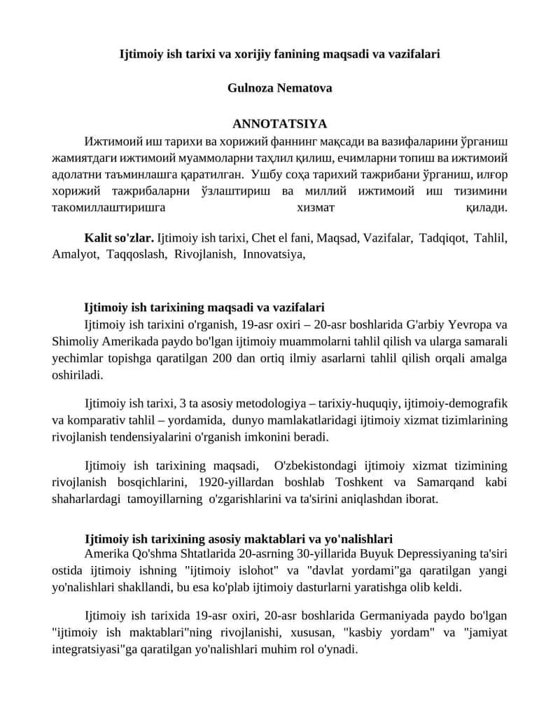 Ijtimoiy ish tarixi va xorijiy fanining maqsadi va vazifalari 1