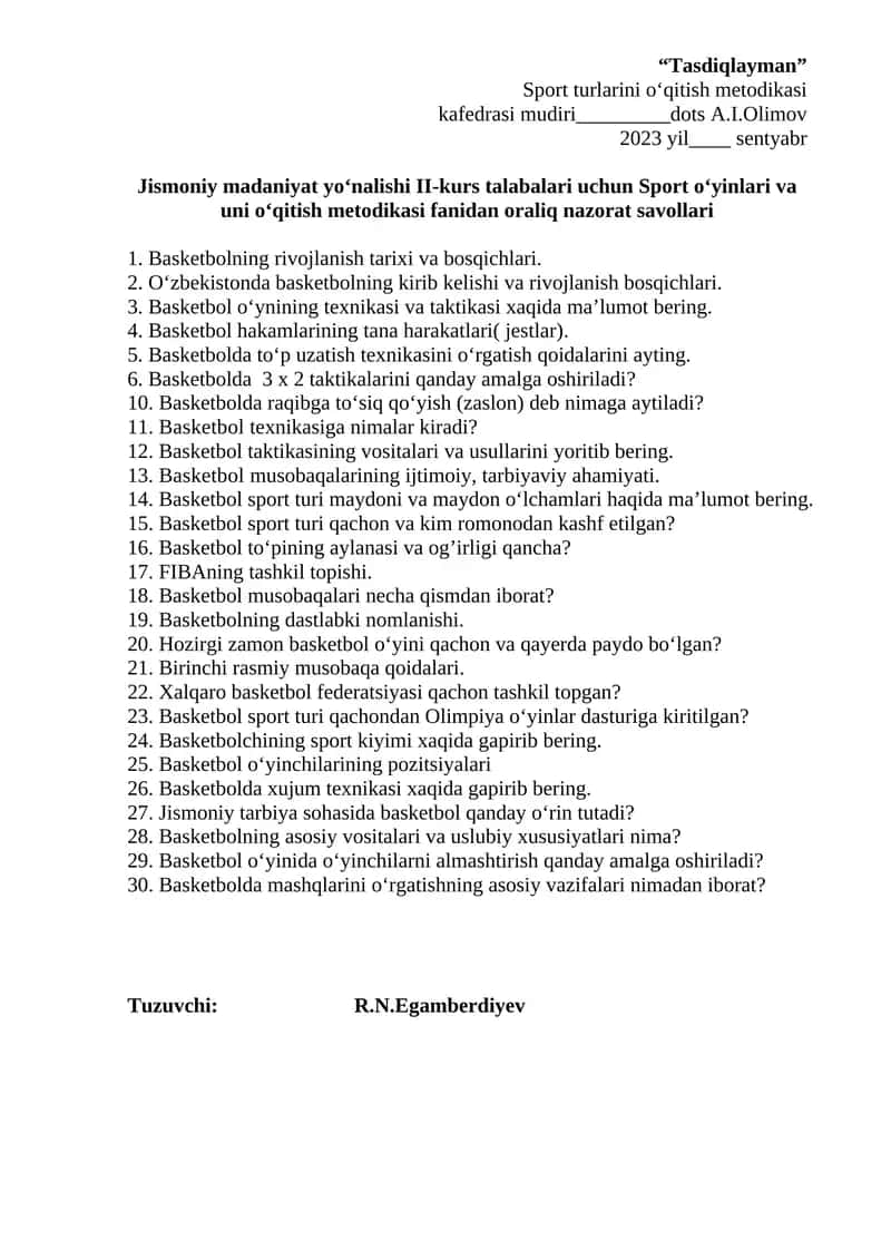 Sport o‘yinlari va uni o‘qitish metodikasi fanidan oraliq nazorat savollari 1
