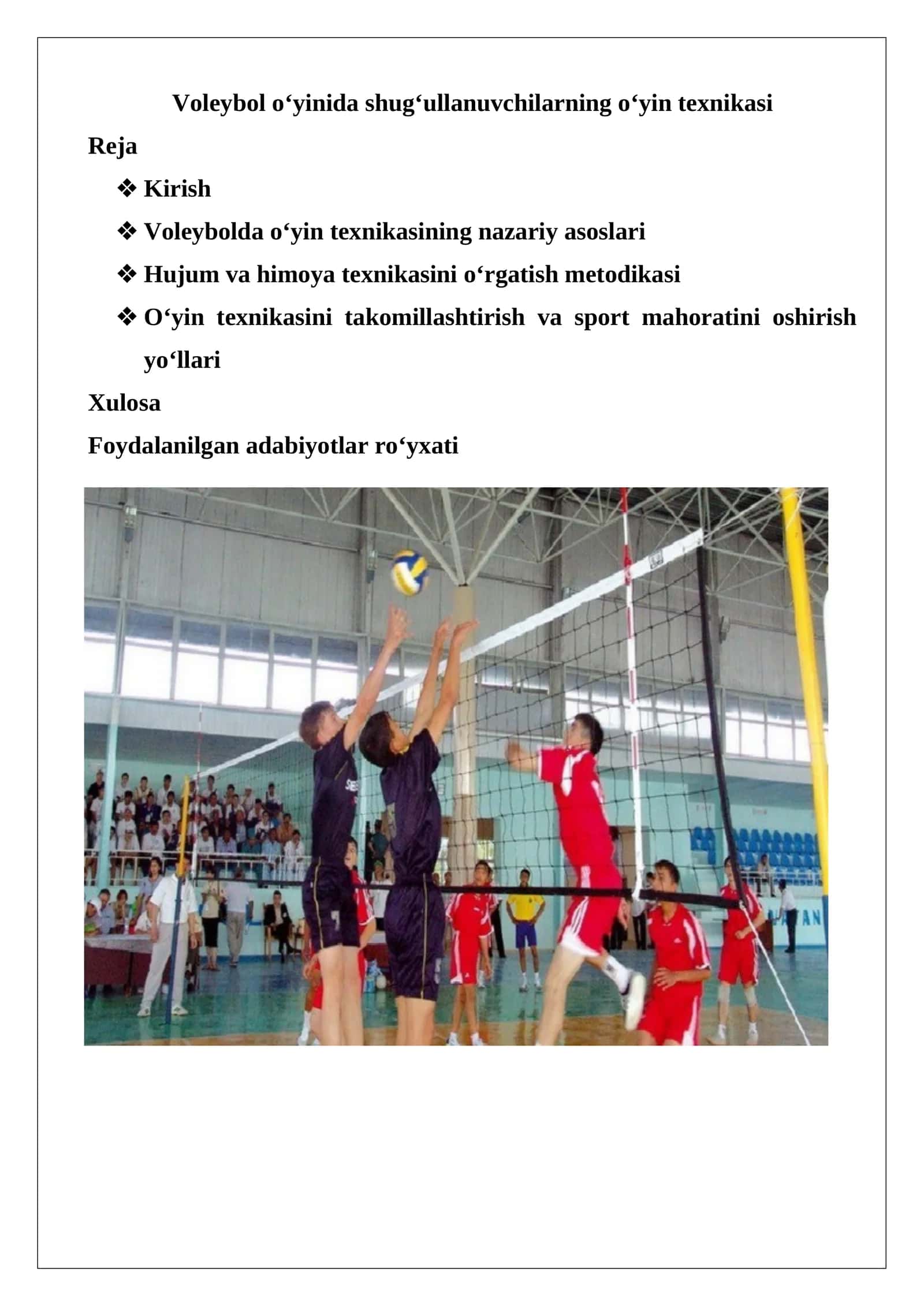 Voleybol o‘yinida shug‘ullanuvchilarning o‘yin texnikasi 1
