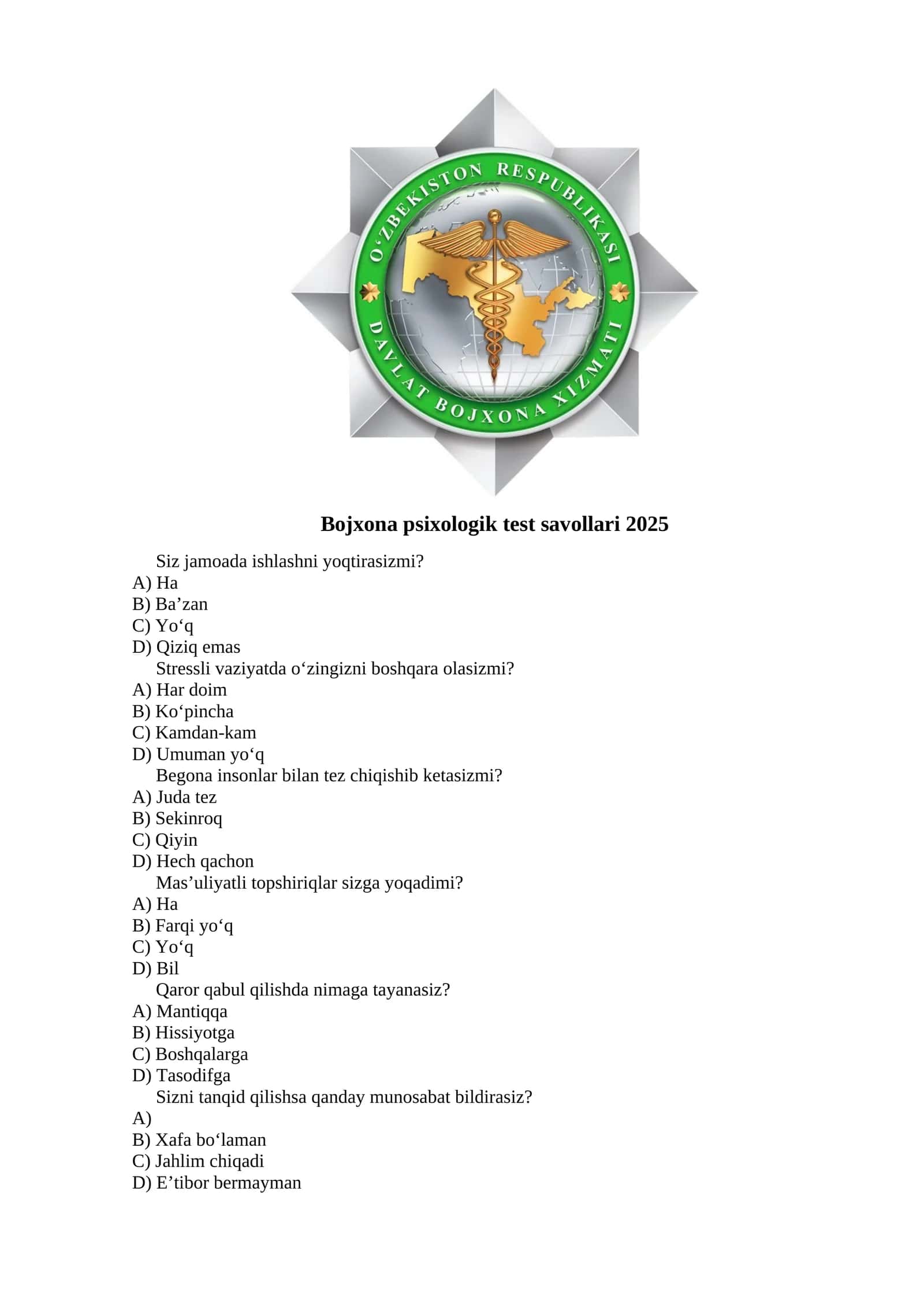 Bojxona psixologik test savollari 1