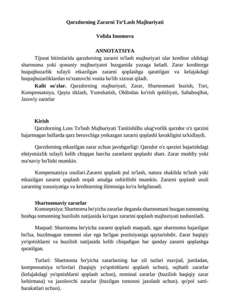 Qarzdorning Zararni ToʻLash Majburiyati 1