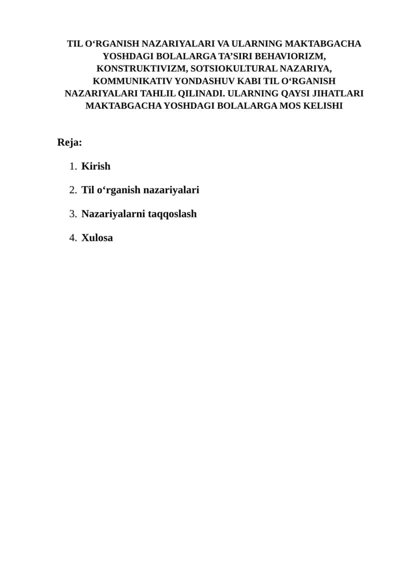 Til O‘rganish Nazariyalari va Ularning Maktabgacha Yoshdagi Bolalarga Ta’siri 1