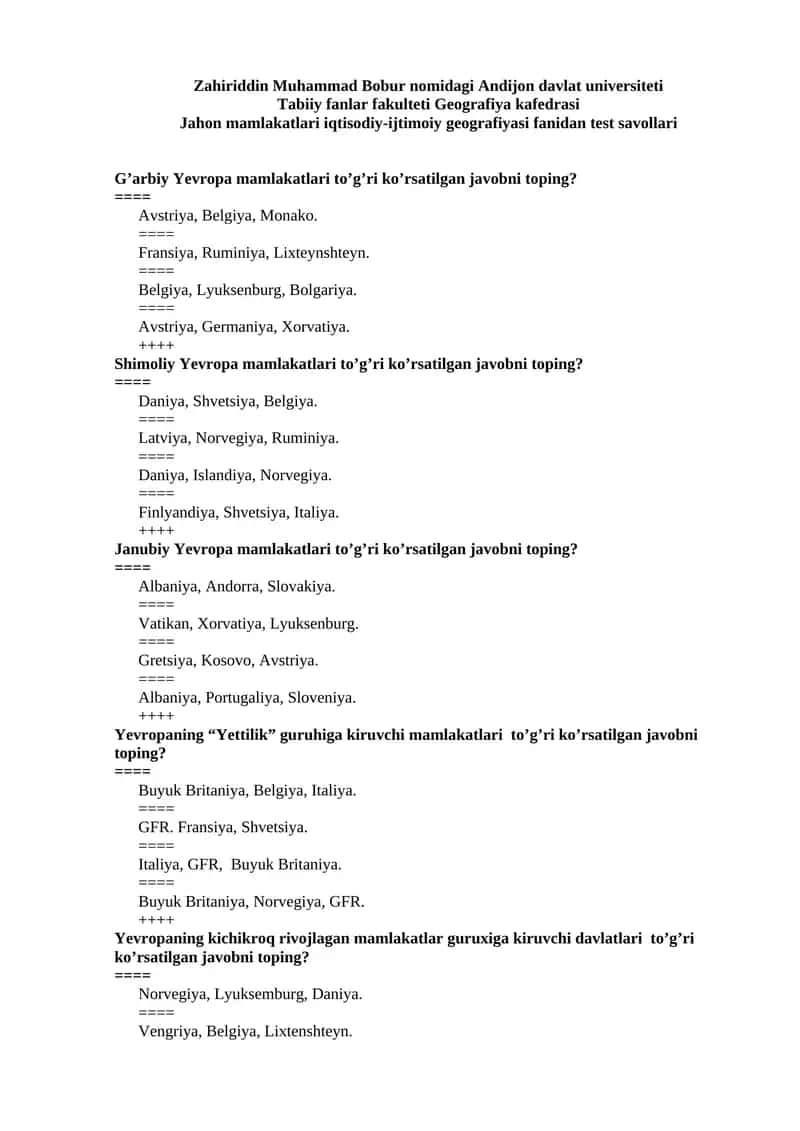 Jahon mamlakatlari iqtisodiy-ijtimoiy geografiyasi fanidan test savollari 1