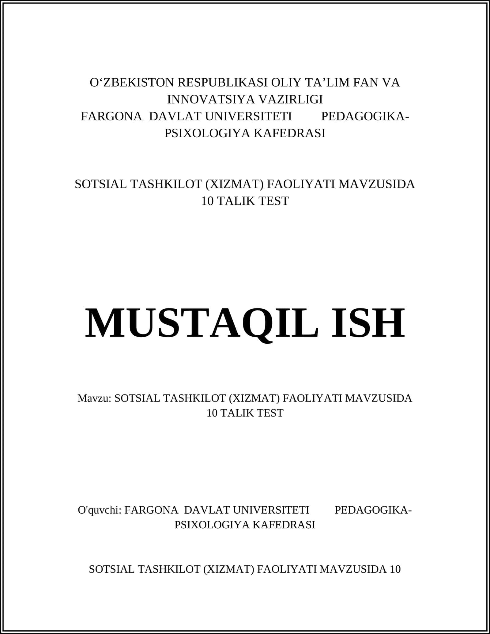 Sotsial xizmatlarning turlari mavzusida 10 talik test 1