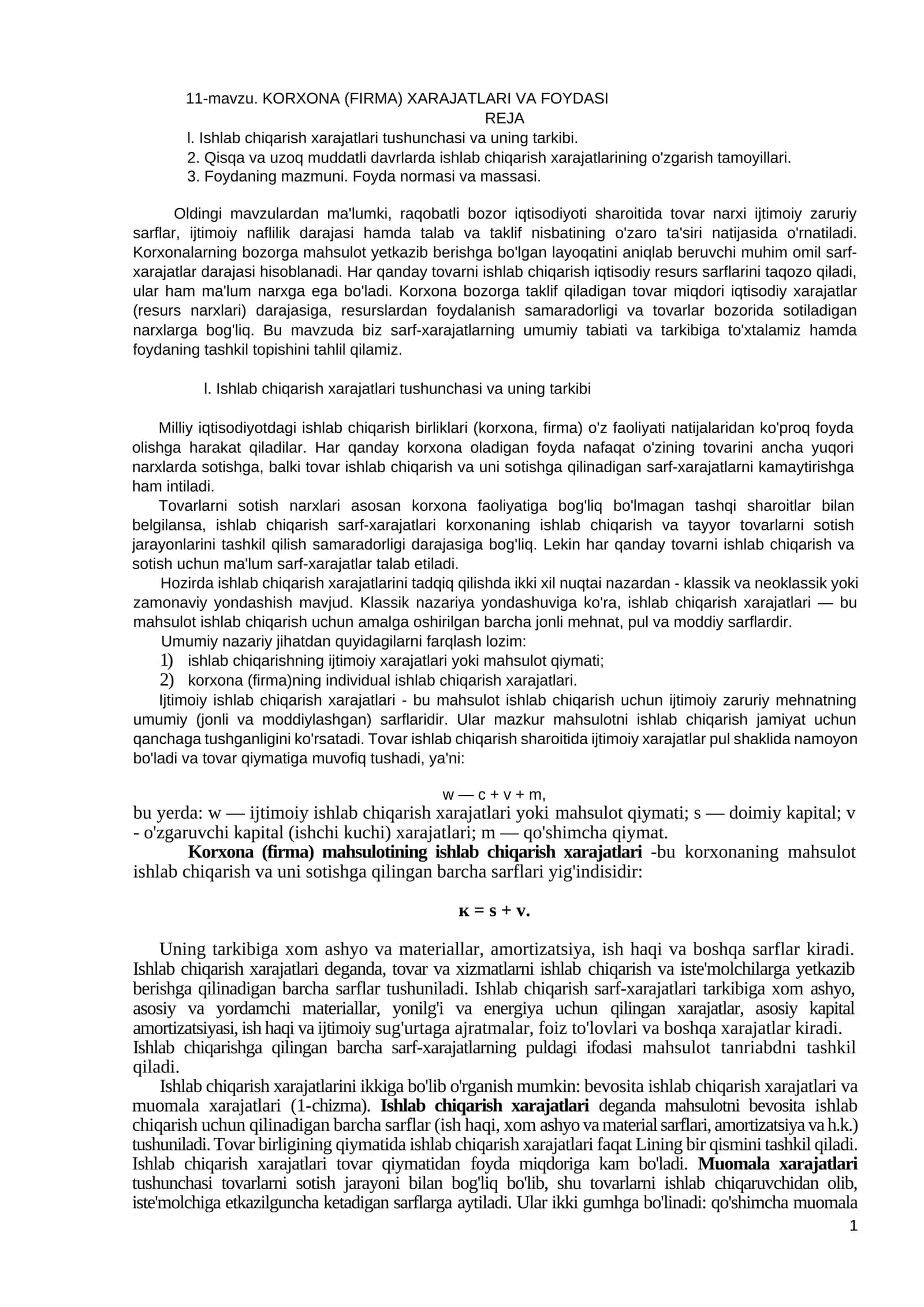 KORXONA (FIRMA) XARAJATLARI VA FOYDASI 1