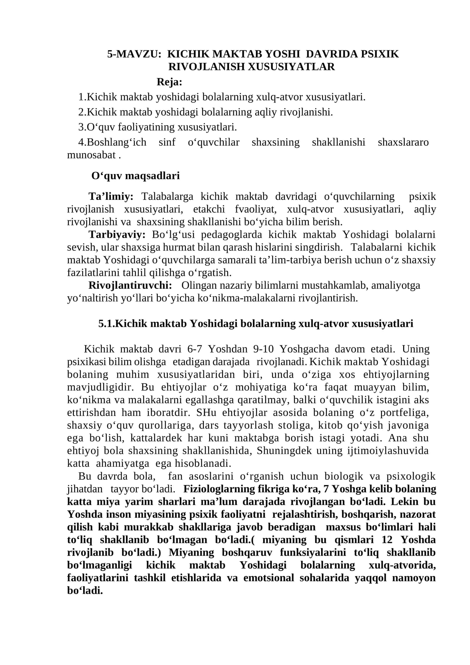 KICHIK MAKTAB YOSHI DAVRIDA PSIXIK RIVOJLANISH XUSUSIYATLAR 1