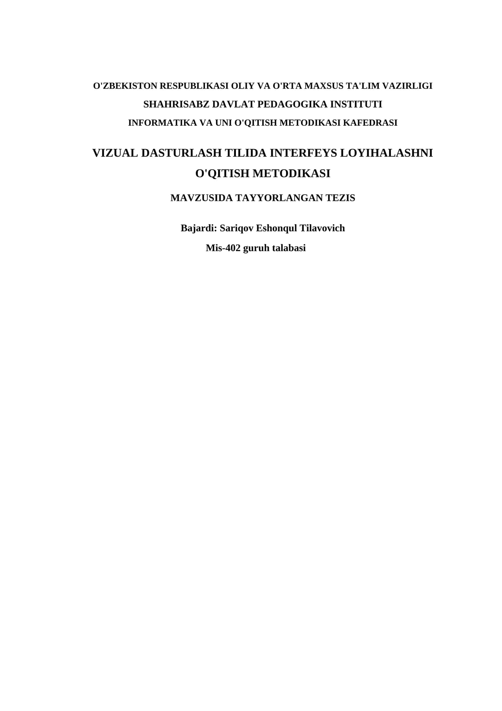 VIZUAL DASTURLASH TILIDA INTERFEYS LOYIHALASHNI O'QITISH METODIKASI 1
