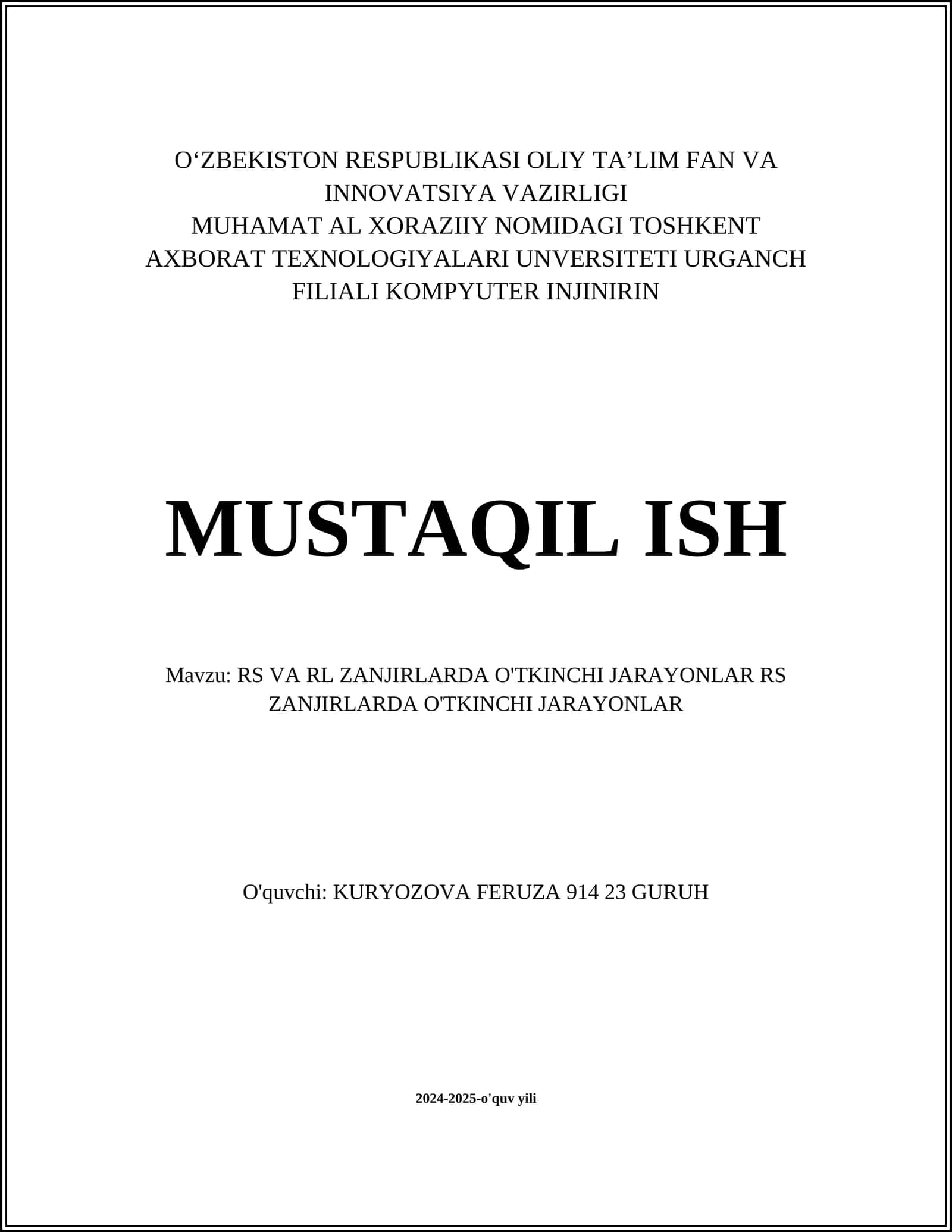 RS va RL zanjirlarda O'tkinchi jarayonlar 1