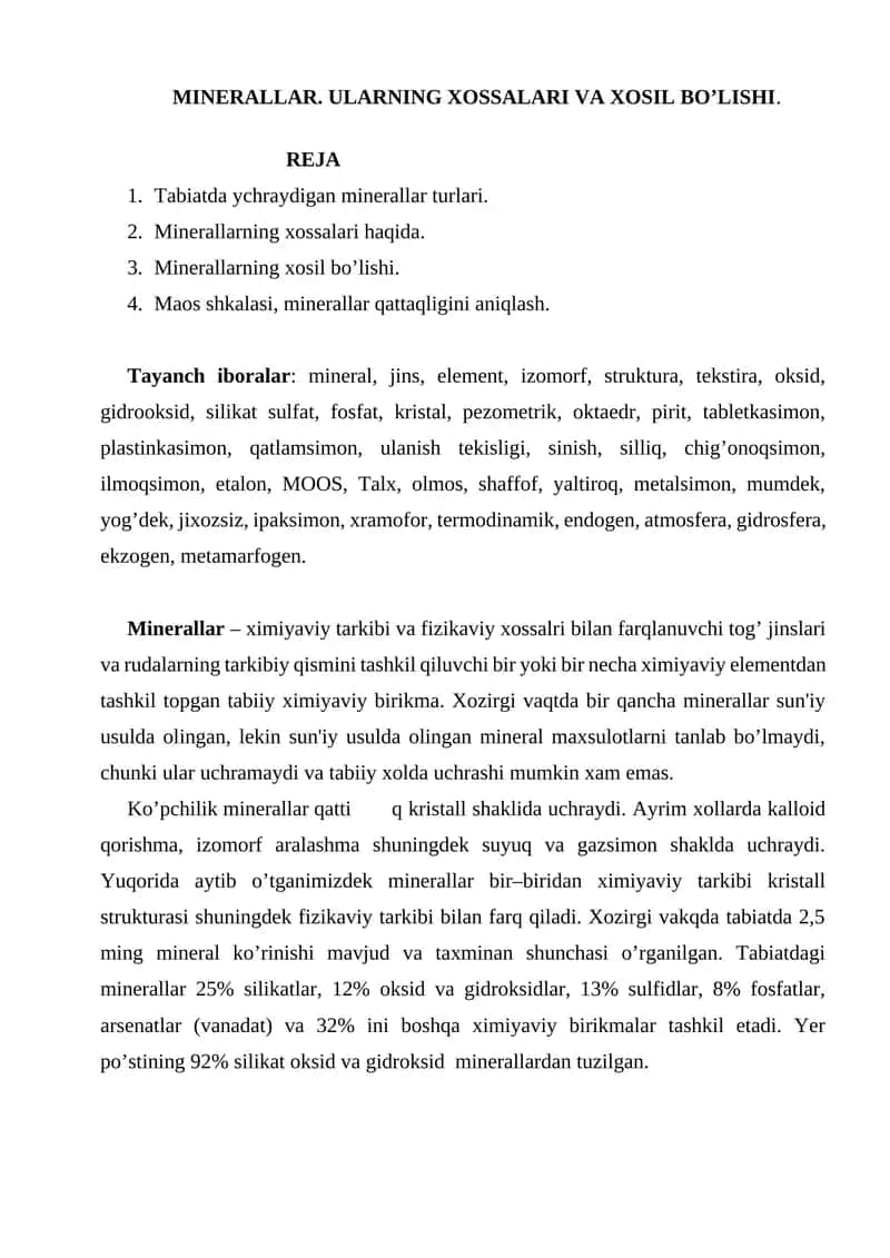Minerallar. Ularining xossalari va xosil bo’lishi 1