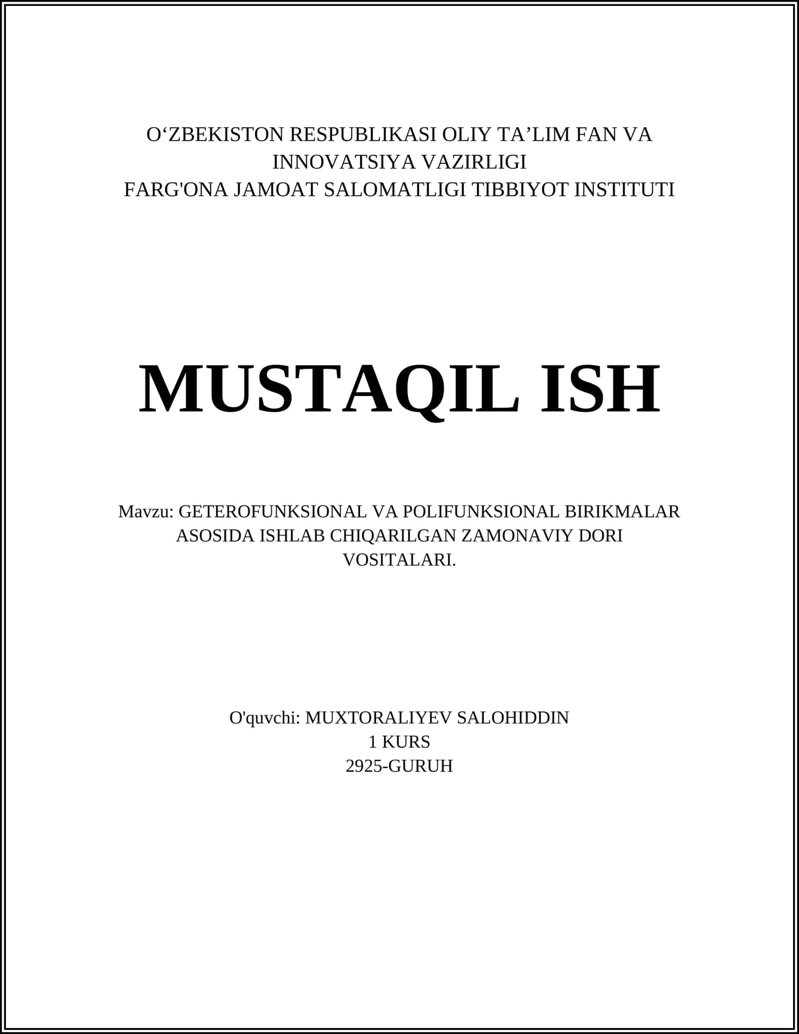 GETEROFUNKSIONAL VA POLIFUNKSIONAL BIRIKMALAR ASOSIDA ISHLAB CHIQARILGAN ZAMONAVIY DORI VOSITALARI 1