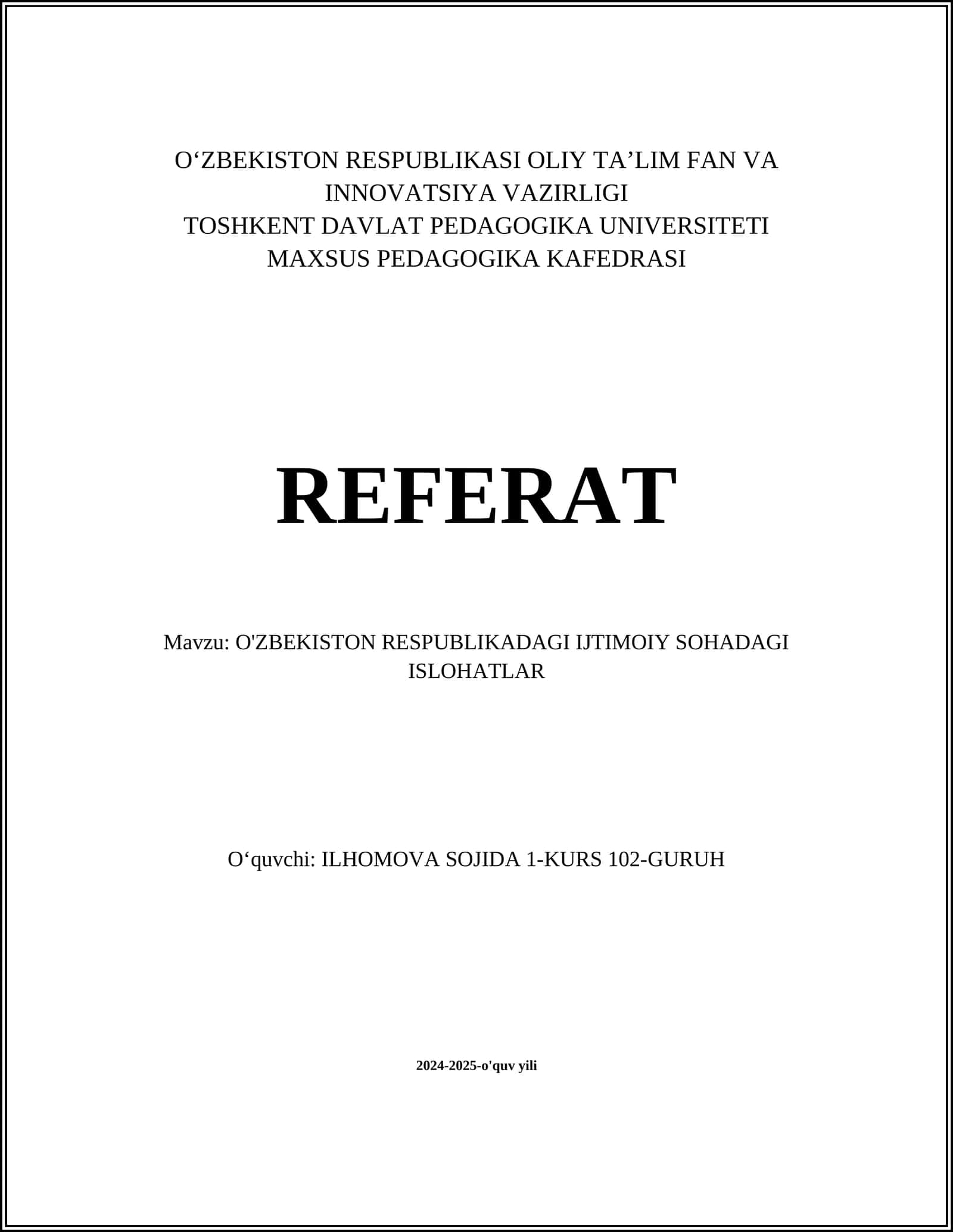 O'ZBEKISTON RESPUBLIKADAGI IJTIMOIY SOHADAGI ISLOHATLAR 1